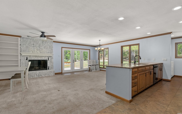 5 Arga Pl, Hot Springs, AR 71909 - kitchen featuring crown molding, recessed lighting, ceiling fan, open floor plan, and french doors