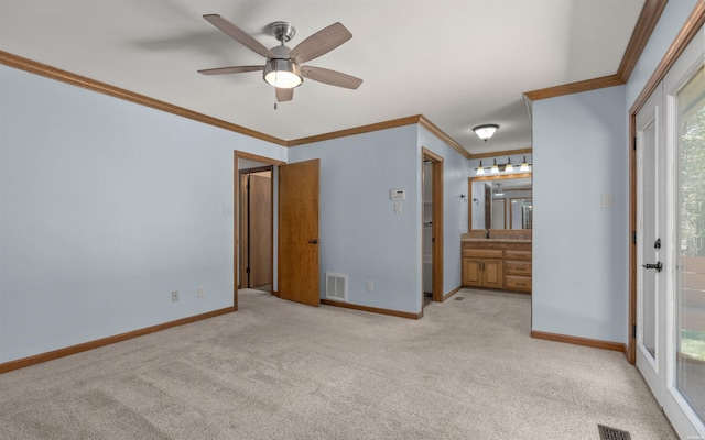 5 Arga Pl, Hot Springs, AR 71909 - unfurnished bedroom featuring ornamental molding, light carpet, connected bathroom, multiple windows, and ceiling fan