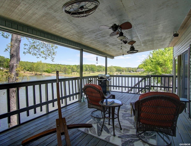 173C Pebble Beach Pl, Hot Springs, AR 71913 - wooden terrace with a water view, a ceiling fan, and view of wooded area