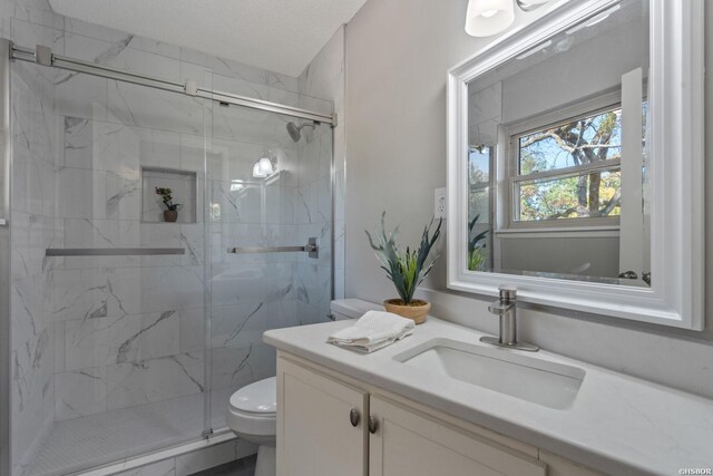 full bath featuring toilet, vanity, and a marble finish shower