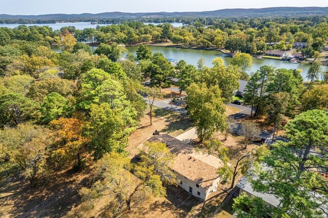 bird's eye view with a water view and a wooded view