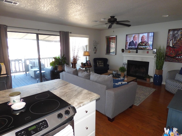 kitchen featuring a fireplace with flush hearth, open floor plan, dark wood-type flooring, and stainless steel range with electric cooktop