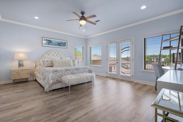 bedroom featuring baseboards, access to outside, ornamental molding, and visible vents