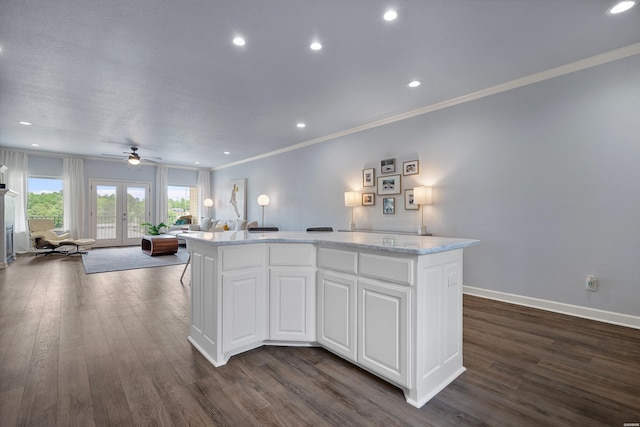 kitchen with a kitchen island, open floor plan, ornamental molding, and dark wood-type flooring