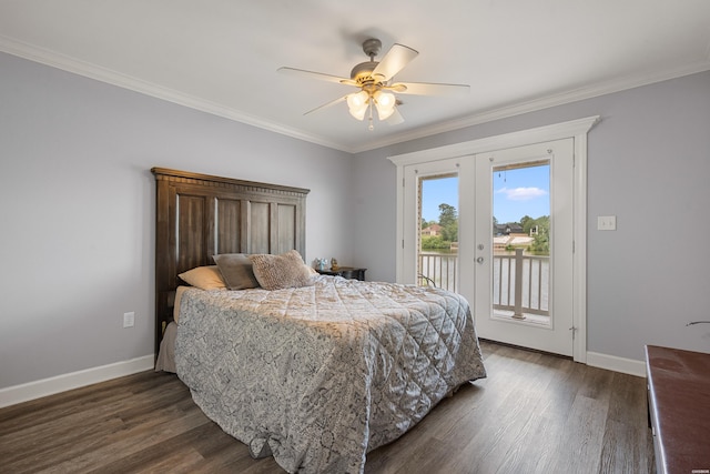 181 Fish Hatchery Rd Unit P2, Hot Springs, AR 71913 - bedroom featuring access to outside, dark wood-type flooring, crown molding, french doors, and ceiling fan