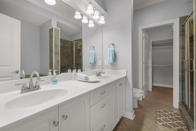 181 Fish Hatchery Rd Unit P2, Hot Springs, AR 71913 - bathroom featuring a stall shower, double vanity, tile patterned floors, and crown molding