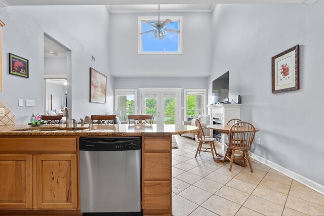181 Fish Hatchery Rd Unit P2, Hot Springs, AR 71913 - kitchen with dishwasher, ceiling fan, ornamental molding, a towering ceiling, and light tile patterned floors
