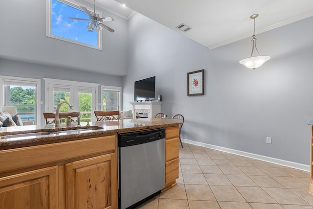181 Fish Hatchery Rd Unit P2, Hot Springs, AR 71913 - kitchen with dishwasher, ornamental molding, a fireplace, high vaulted ceiling, and decorative light fixtures
