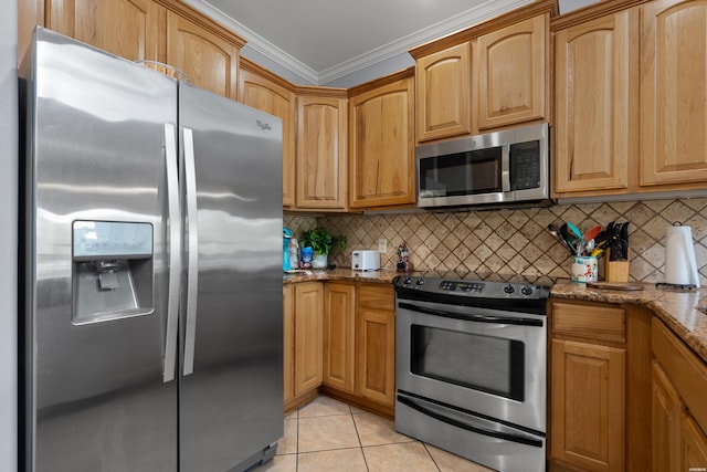 181 Fish Hatchery Rd Unit P2, Hot Springs, AR 71913 - kitchen featuring appliances with stainless steel finishes, ornamental molding, stone counters, light tile patterned flooring, and decorative backsplash