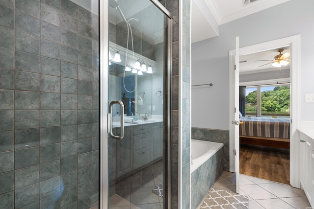 181 Fish Hatchery Rd Unit P2, Hot Springs, AR 71913 - ensuite bathroom with ornamental molding, a garden tub, a shower stall, vanity, and tile patterned floors