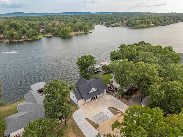 birds eye view of property featuring a water view and a forest view