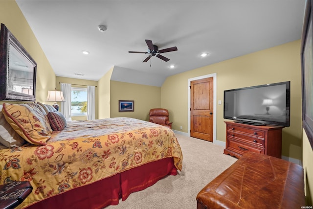 bedroom featuring carpet, lofted ceiling, recessed lighting, ceiling fan, and baseboards