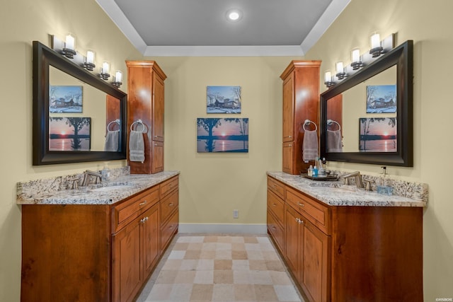 bathroom with two vanities, a sink, and tile patterned floors