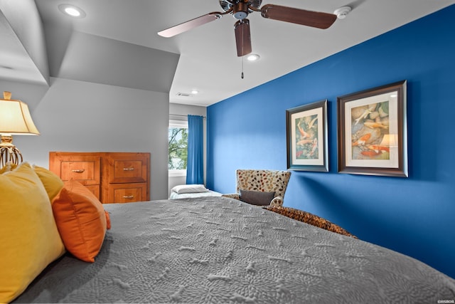 bedroom featuring a ceiling fan, visible vents, and recessed lighting