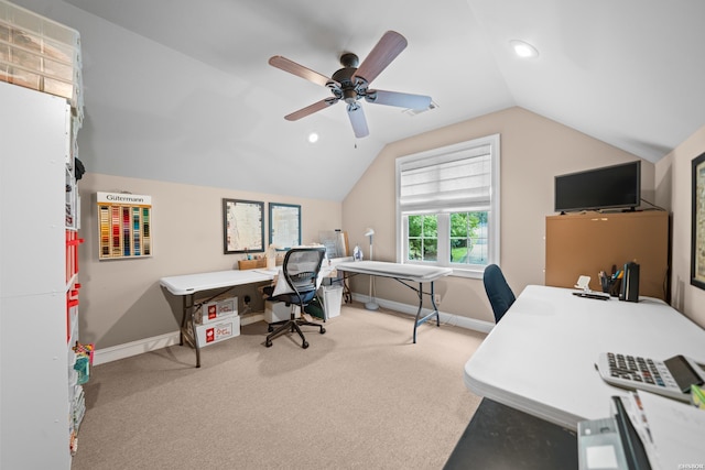 carpeted office space featuring recessed lighting, visible vents, vaulted ceiling, ceiling fan, and baseboards