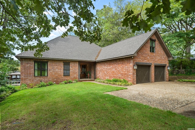 view of front of home featuring concrete driveway, brick siding, a front lawn, and a shingled roof