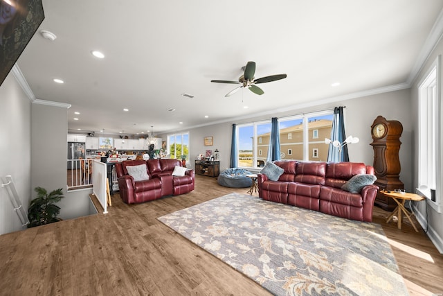 150 Villa Pointe Pt Unit A, Hot Springs, AR 71913 - living room with wood finished floors, recessed lighting, ornamental molding, and a ceiling fan