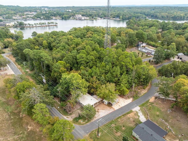 drone / aerial view featuring a water view and a view of trees