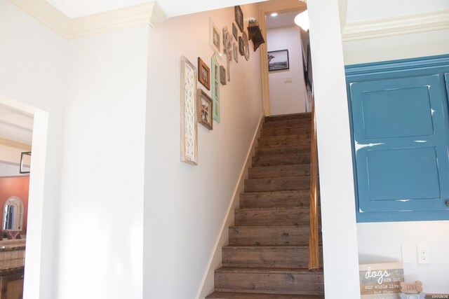 staircase featuring ornamental molding, baseboards, and wood finished floors