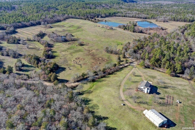 bird's eye view featuring a rural view, a water view, and a wooded view