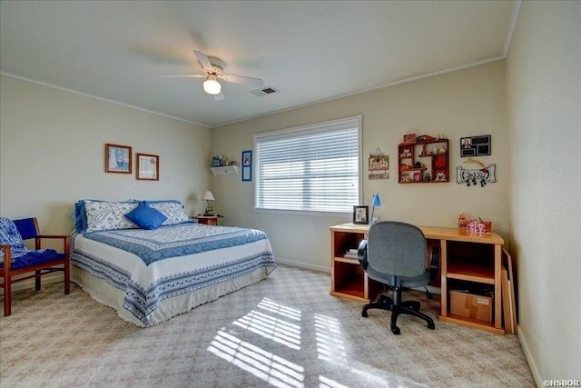 bedroom with crown molding, visible vents, a ceiling fan, light carpet, and baseboards