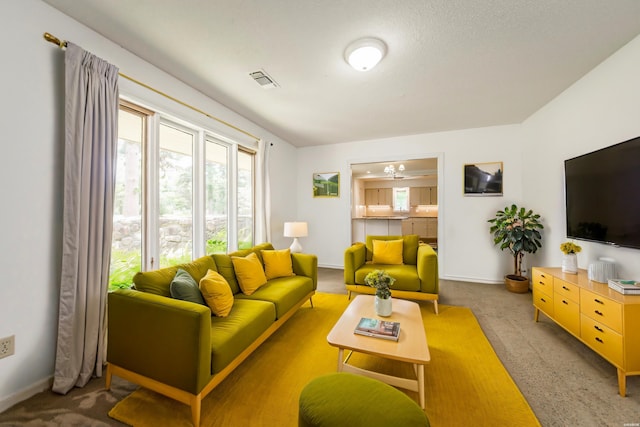 carpeted living area featuring visible vents and baseboards