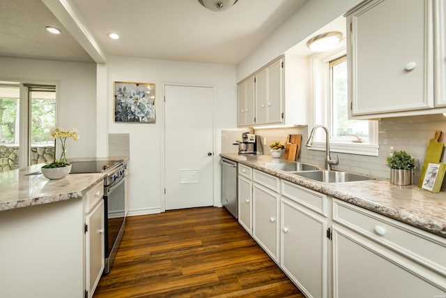 kitchen with electric range, a sink, tasteful backsplash, dark wood-style floors, and dishwasher