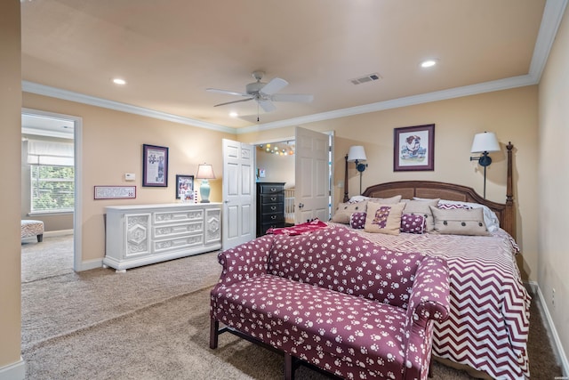 409 Halteria Ln Unit B, Hot Springs, AR 71913 - carpeted bedroom featuring crown molding, ceiling fan, and recessed lighting
