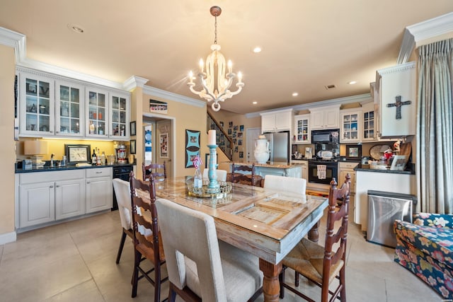 409 Halteria Ln Unit B, Hot Springs, AR 71913 - dining room featuring ornamental molding, a chandelier, light tile patterned flooring, bar with sink, and recessed lighting