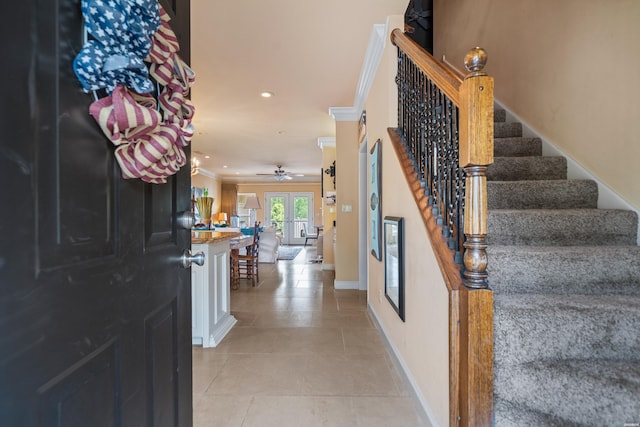 409 Halteria Ln Unit B, Hot Springs, AR 71913 - foyer with crown molding, stairs, light tile patterned flooring, recessed lighting, and ceiling fan