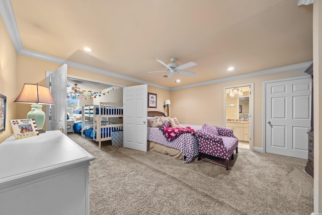 409 Halteria Ln Unit B, Hot Springs, AR 71913 - bedroom featuring carpet, crown molding, recessed lighting, ensuite bathroom, and ceiling fan