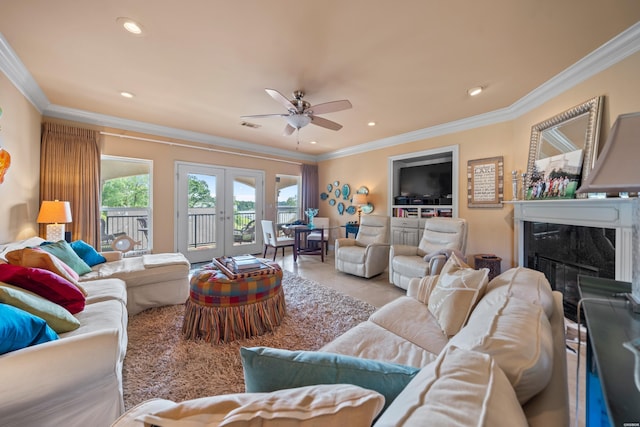 409 Halteria Ln Unit B, Hot Springs, AR 71913 - living area with french doors, ornamental molding, ceiling fan, a premium fireplace, and recessed lighting