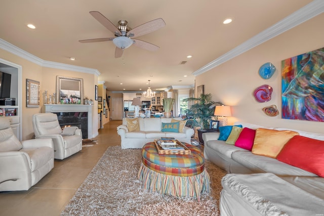 409 Halteria Ln Unit B, Hot Springs, AR 71913 - living area with crown molding, recessed lighting, tile patterned flooring, a chandelier, and a warm lit fireplace