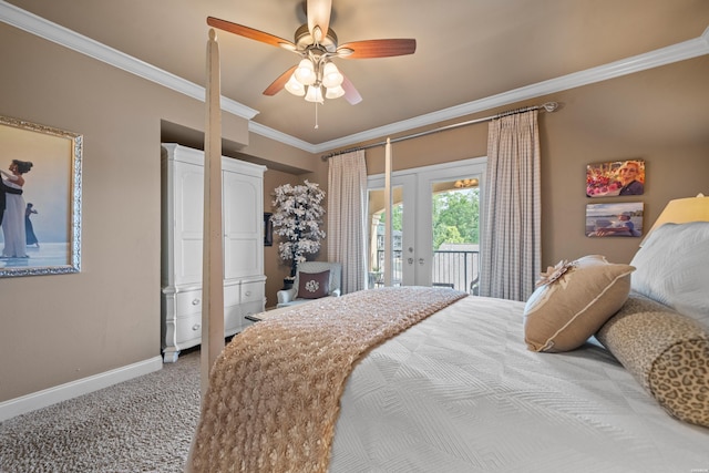 409 Halteria Ln Unit B, Hot Springs, AR 71913 - bedroom with access to exterior, french doors, crown molding, light colored carpet, and a ceiling fan