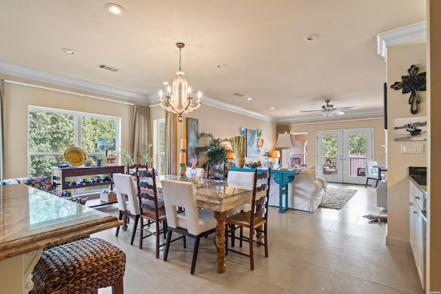 409 Halteria Ln Unit B, Hot Springs, AR 71913 - dining space with french doors, recessed lighting, a chandelier, crown molding, and light tile patterned flooring