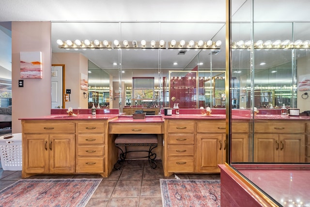 full bathroom with tile patterned flooring, visible vents, and vanity