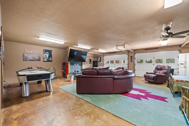 interior space with white fridge with ice dispenser and a ceiling fan