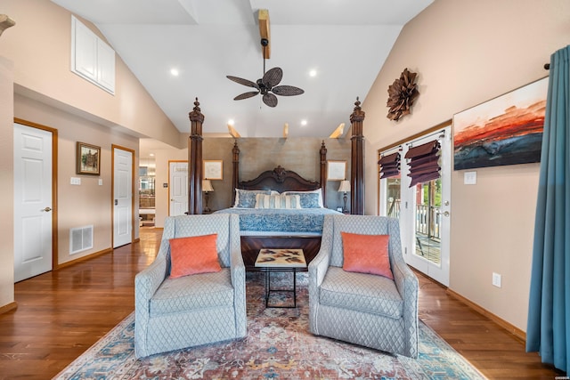 bedroom with high vaulted ceiling, wood finished floors, visible vents, baseboards, and access to outside