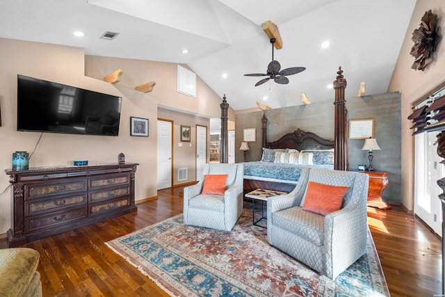 bedroom featuring high vaulted ceiling, recessed lighting, dark wood-style flooring, and visible vents