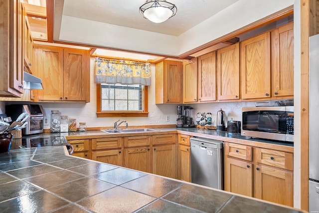 kitchen featuring brown cabinets, stainless steel appliances, and a sink