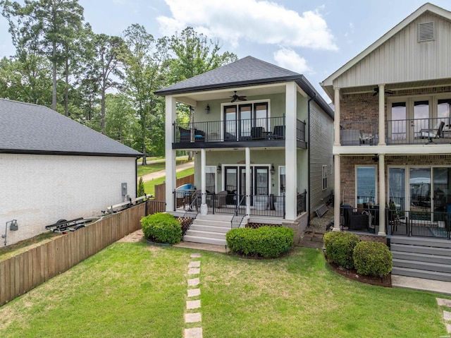 125 Eagle View Pt, Hot Springs, AR 71913 - rear view of house featuring a balcony, ceiling fan, stucco siding, and french doors