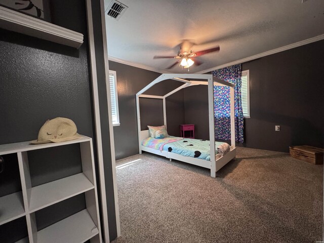 612 Independence, Hot Springs, AR 71913 - bedroom featuring carpet flooring, visible vents, a ceiling fan, and ornamental molding