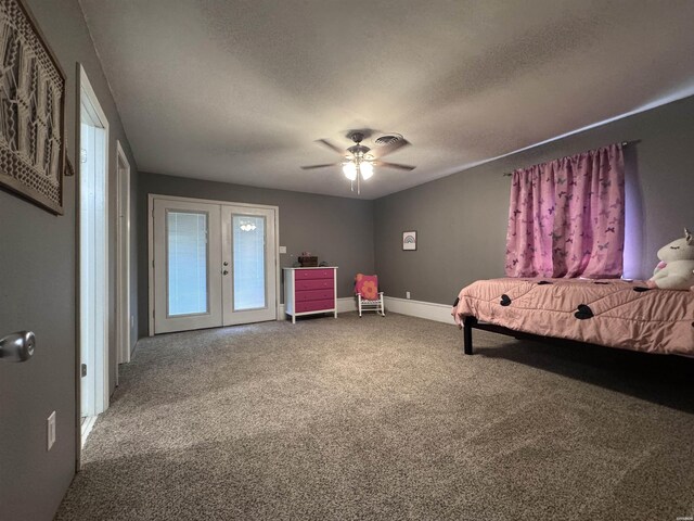 612 Independence, Hot Springs, AR 71913 - carpeted bedroom featuring ceiling fan, a textured ceiling, baseboards, and french doors
