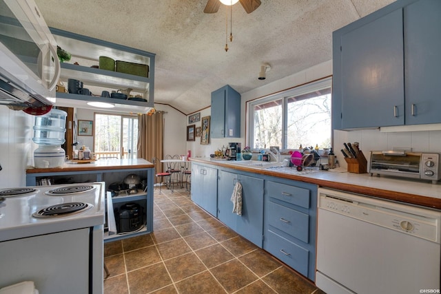 kitchen featuring a healthy amount of sunlight, white appliances, a toaster, and blue cabinetry