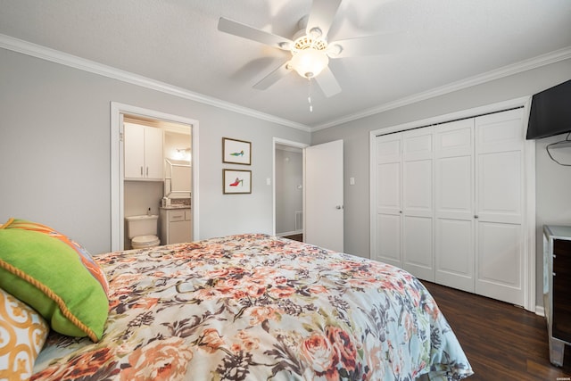 1412 Airport Rd, Hot Springs, AR 71913 - bedroom featuring dark wood finished floors, ornamental molding, a closet, ceiling fan, and ensuite bath