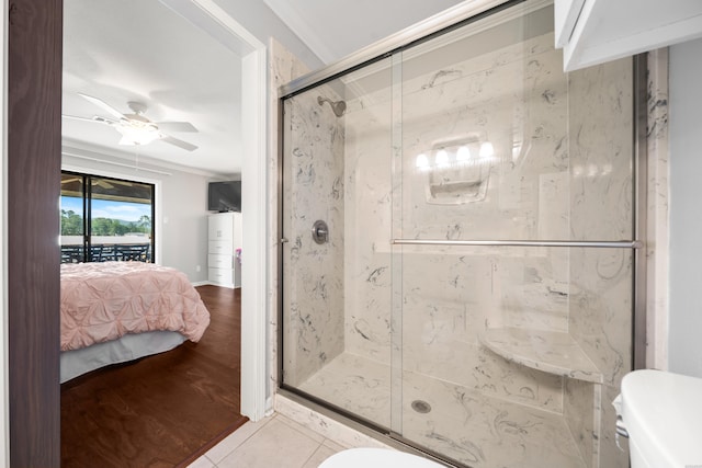 1412 Airport Rd, Hot Springs, AR 71913 - full bath featuring a marble finish shower, connected bathroom, ornamental molding, and ceiling fan
