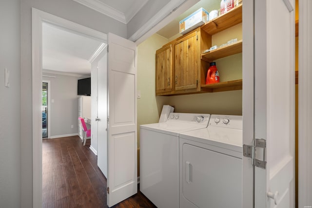 1412 Airport Rd, Hot Springs, AR 71913 - laundry room with cabinet space, crown molding, separate washer and dryer, and dark wood finished floors