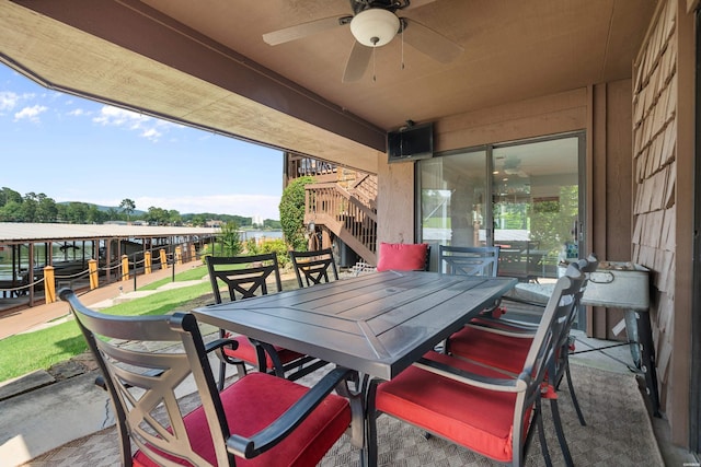 1412 Airport Rd, Hot Springs, AR 71913 - view of patio / terrace with outdoor dining area, a ceiling fan, and stairs