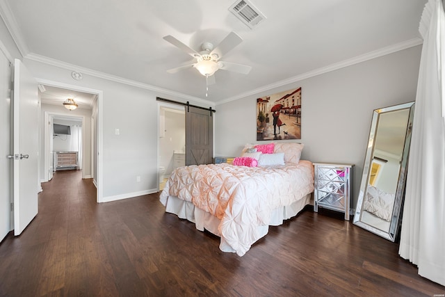1412 Airport Rd, Hot Springs, AR 71913 - bedroom with dark wood-style flooring, crown molding, a barn door, ceiling fan, and ensuite bath