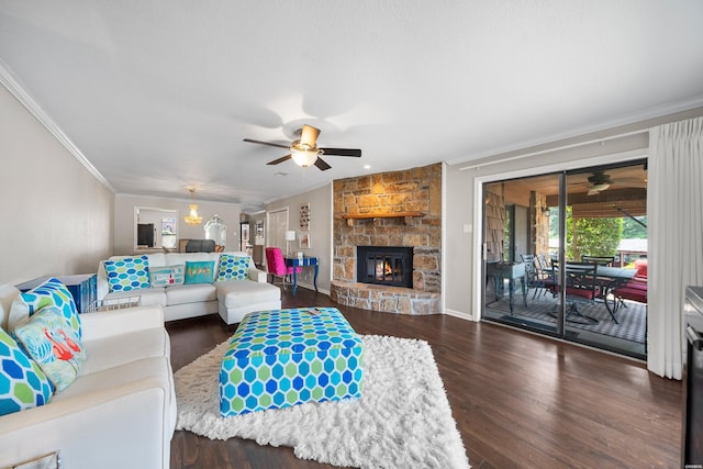 1412 Airport Rd, Hot Springs, AR 71913 - living area with ceiling fan, ornamental molding, a stone fireplace, and wood finished floors